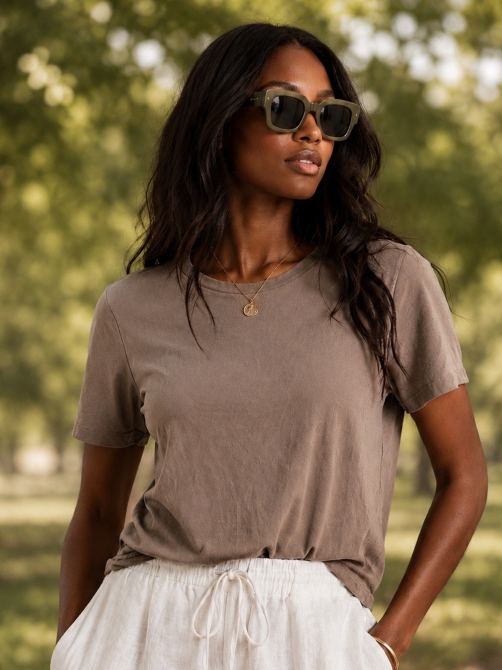 H&M Taupe Crewneck Essential Tee, Soft Minimalist Short Sleeve Tee